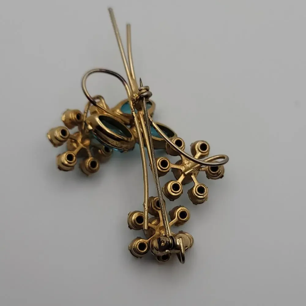 Vintage Gold-tone Blue, Turquoise-colored & Aurora Borealis Floral Brooch